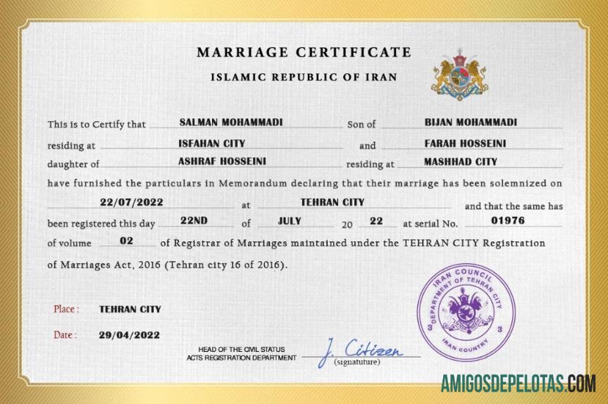 Imprimível modelo PSD de certidão de casamento do Irã